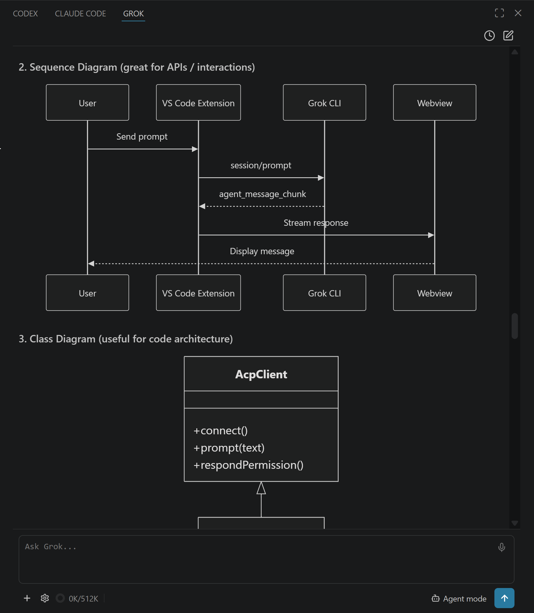 Rendered Mermaid sequence and class diagrams inline in the chat