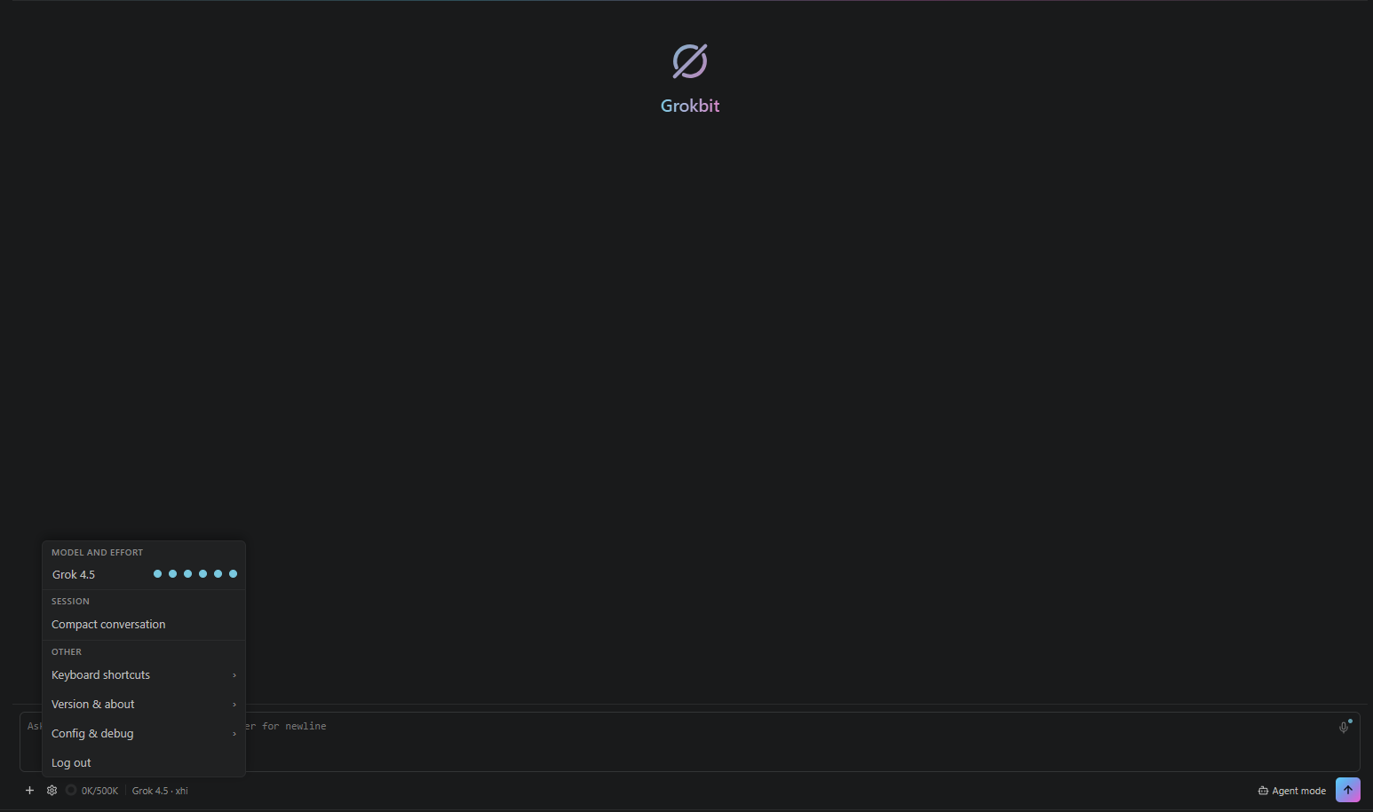 Gear menu with model and effort, compact, and about controls