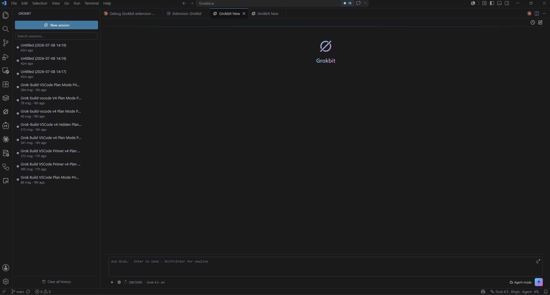 A fresh Grokbit session with the session launcher in the sidebar