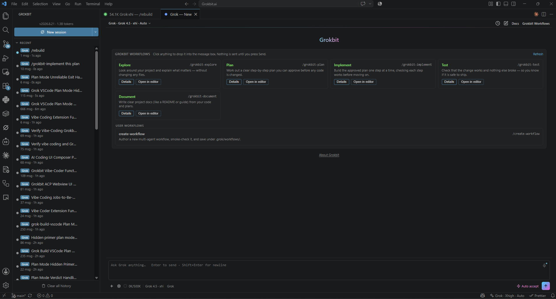 A new Grokbit session tab with Grokbit Actions and Session setup on a full-width canvas