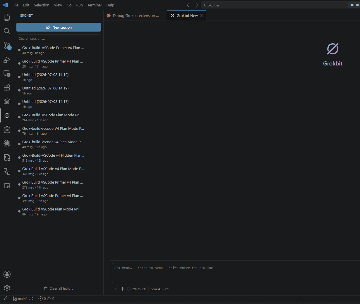 Session launcher listing past sessions with status dots