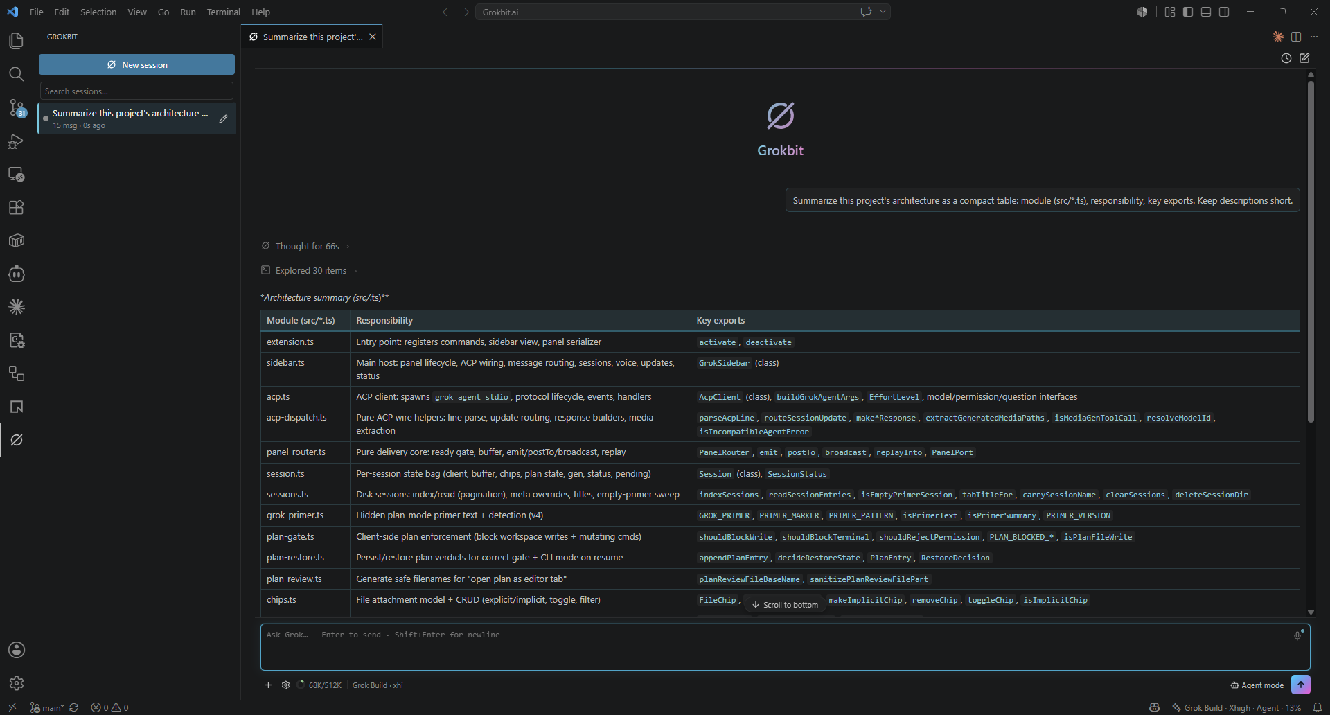 A Grokbit session in a VS Code editor tab, with the agent dashboard in the sidebar